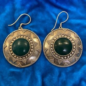 Vintage Large Sterling Silver Green Cat Eyed Earrings